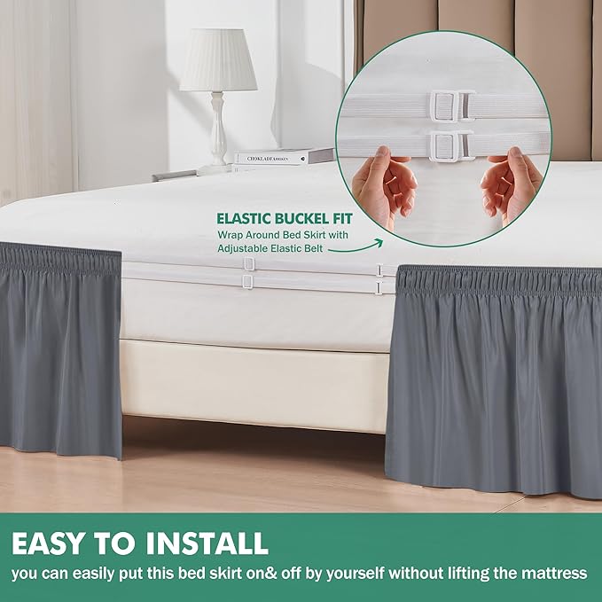 Biscaynebay Wrap Around Bed Skirts with Split Corners for Queen Beds 16" Drop, Dark Grey Elastic Dust Ruffles Adjustable Easy Fit Wrinkle & Fade Resistant Silky Luxurious Fabric Machine Washable