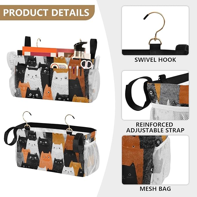 Bedside Caddy Hanging Bunk Bed Caddy Bed Organizer Hanging Pocket with 2 Hooks Bedside Storage Organizer Pocket Bag Holder Black and White Orange Cat