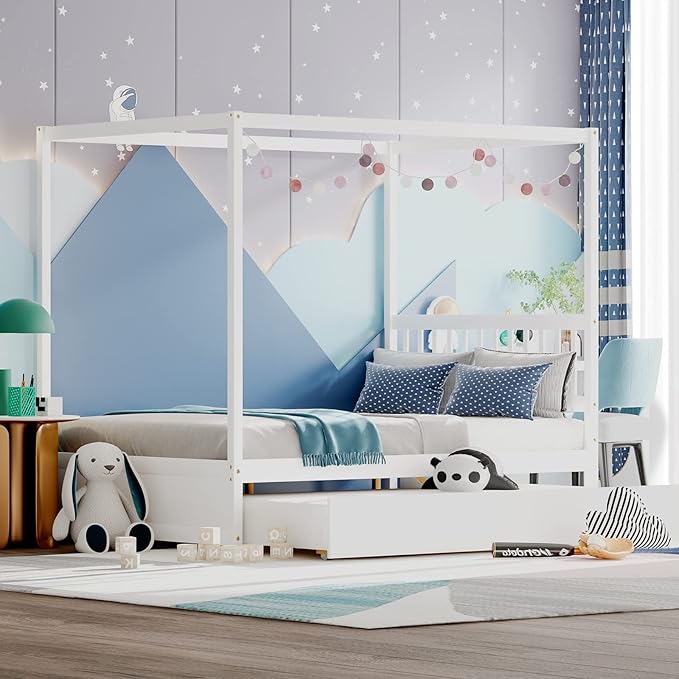 Giantex Canopy Bed with Trundle, Full Size Kids Solid Wood Platform Bed Frame w/Headboard Wooden Twin Trundle Bed for Boys Girls, No Box Spring Needed (White)