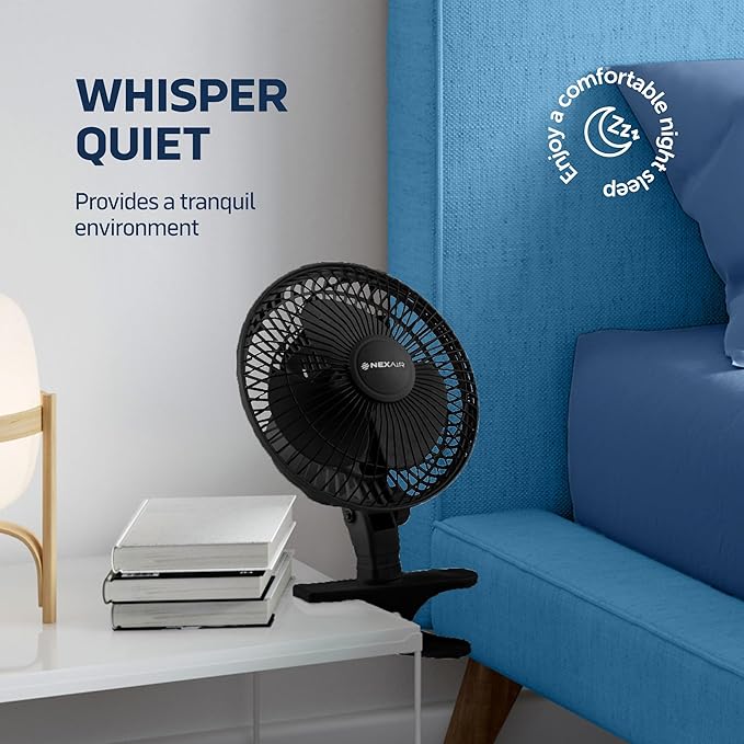 NEXAIR 6-Inch Portable Desk or Clip-on Fan with Two Quiet Speeds - Small Personal Cooling Fan for Desk, Home, Bedroom and Office, 180° Adjustable Tilt up- down 360° Rotation, Strong wide Clamp Grip
