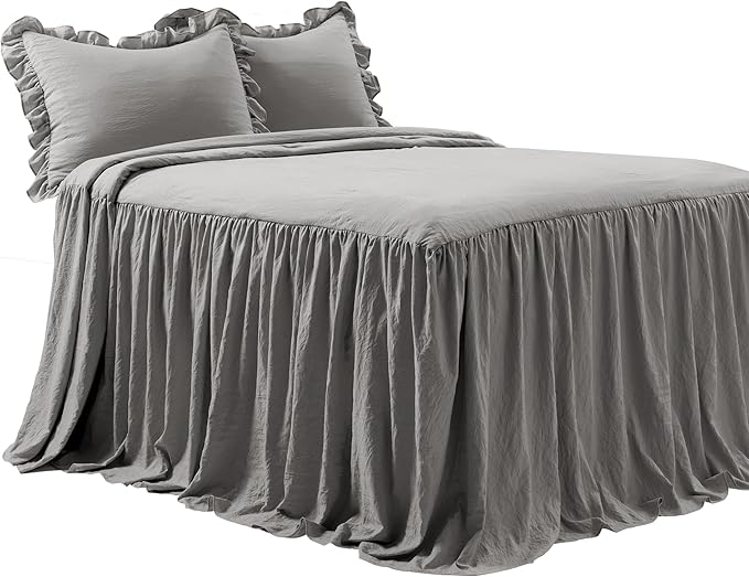 Lush Decor Ruffle Skirt Bedspread Set - 3-Piece Luxurious Farmhouse Bedding - Elegant Ruffle Detail - Timeless Style - Soft Lightweight Sheets - King, Dark Gray