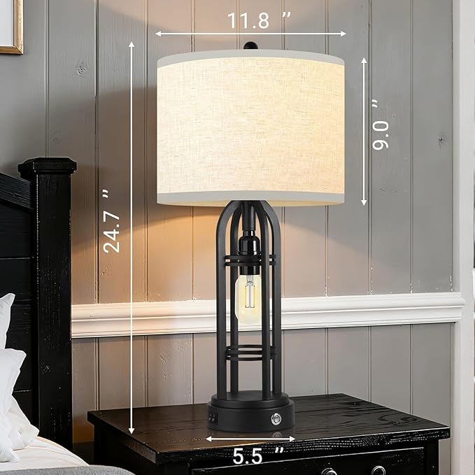 Black Table Lamps Set of 2, Table Lamp with USB Port, 3 Color Temperatures, Stepless Dimming, Bedside Lamps, Bedroom Lamps, Farmhouse Lamps for Living Room(Bulbs Included)