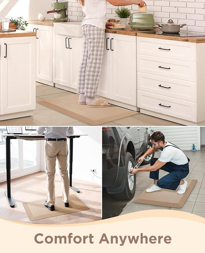Ophanie Kitchen Mats for Floor, 3/4 inch Thick, 17x28 Anti Fatigue Cushioned Mat, Kitchen Rugs, Waterproof, Comfort Ergonomic Standing Mat for Office, Home, Sink, Beige Non-Slip Ridged Bottom