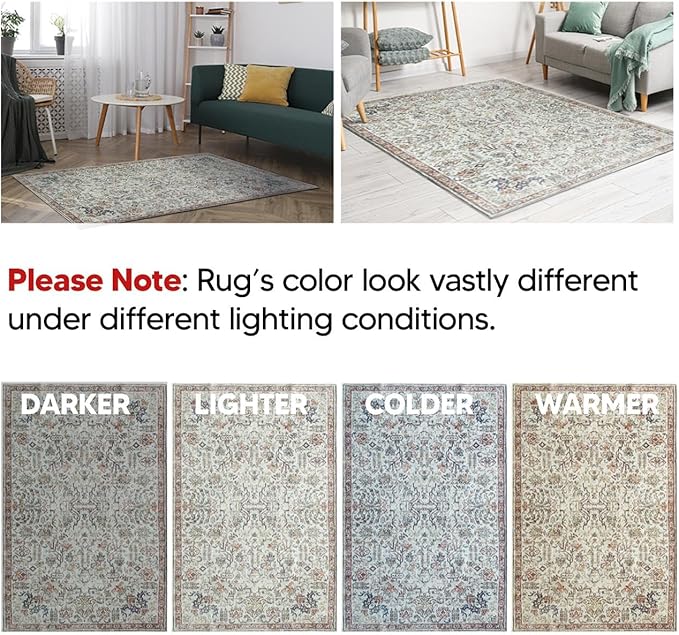 Keen Home Design 4x6 Rug - Machine Washable Area Rug with Non-Slip Backing, Ideal for Living Room, Dining Room, Bedroom - Vintage, Easy Clean, Durable, Low Pile Rug - (4' x 6')