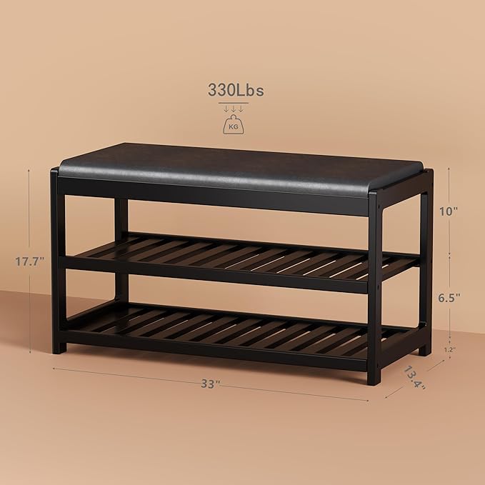 Shoe Bench Entryway, 100% Solid Solid Wood Shoe Rack Bench with Storage and Cushion Padded Seat, 3-Tier Shoe Organizer for Hallway Living Room, Mudrooms, Black
