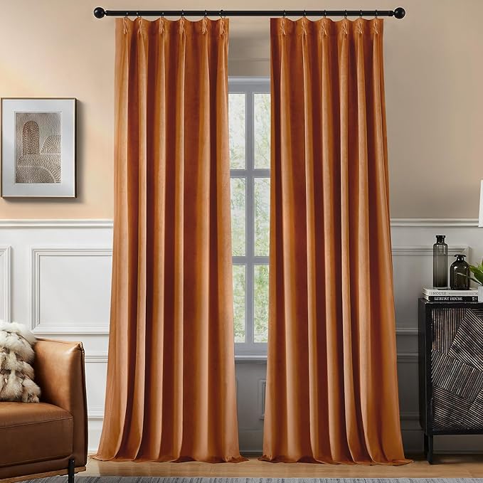 Pinch Pleated 100% Blackout Curtains for Bedroom, Yellow Velvet Curtains for Living Room, Black Out Curtain 90 inch Long Room Darkening, Blackout Pinch Pleat Drapes with Hooks 2 Panels