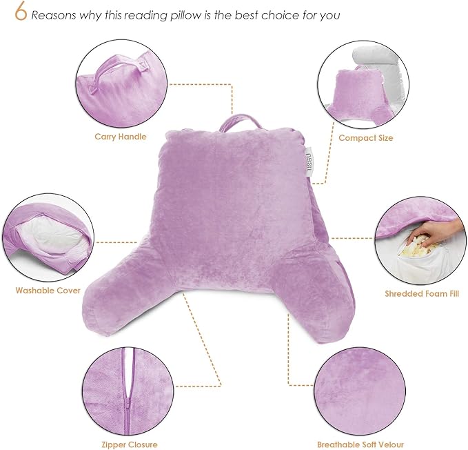 Nestl Reading Pillow with Shredded Memory Foam, Designed for Sitting Up in Bed and Couch, Back and Arms Adjustable Support for Adult & Teens Backrest Pillows for Reading, with Washable Cover Lavender