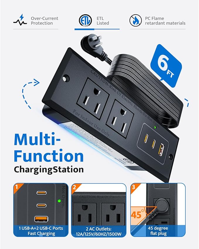 Recessed Power Strip with 20W USB C Port, Fast Charging USB A Port Conference Recessed Outlet, Space-Saver for Furniture Side Table, End Table, Desk Outlet with 6ft Cord, 45° Thin Flat Plug, Black