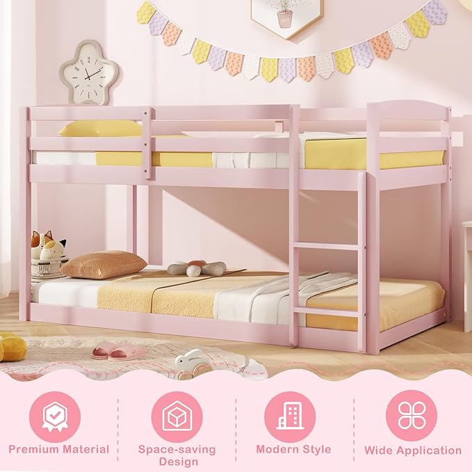 KOMFOTT Low Bunk Bed Twin Over Twin, Solid Wood Twin Bed Frame with Built-in Ladder & Safety Guardrails, Space-Saving Low Bunk Bed for Kids, Teens, No Box Spring Needed