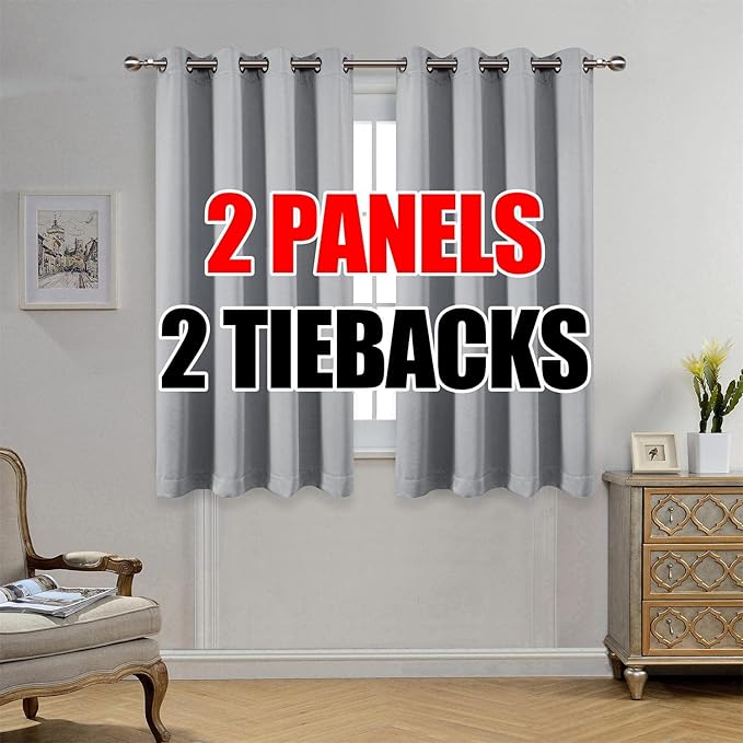 MIUCO Room Darkening Grommet Thermal Insulated Blackout Window Curtains Panels for Gilrs Room Window 1 Pair 52x63 Inch Silver, Bonus 2 Tie Backs Included