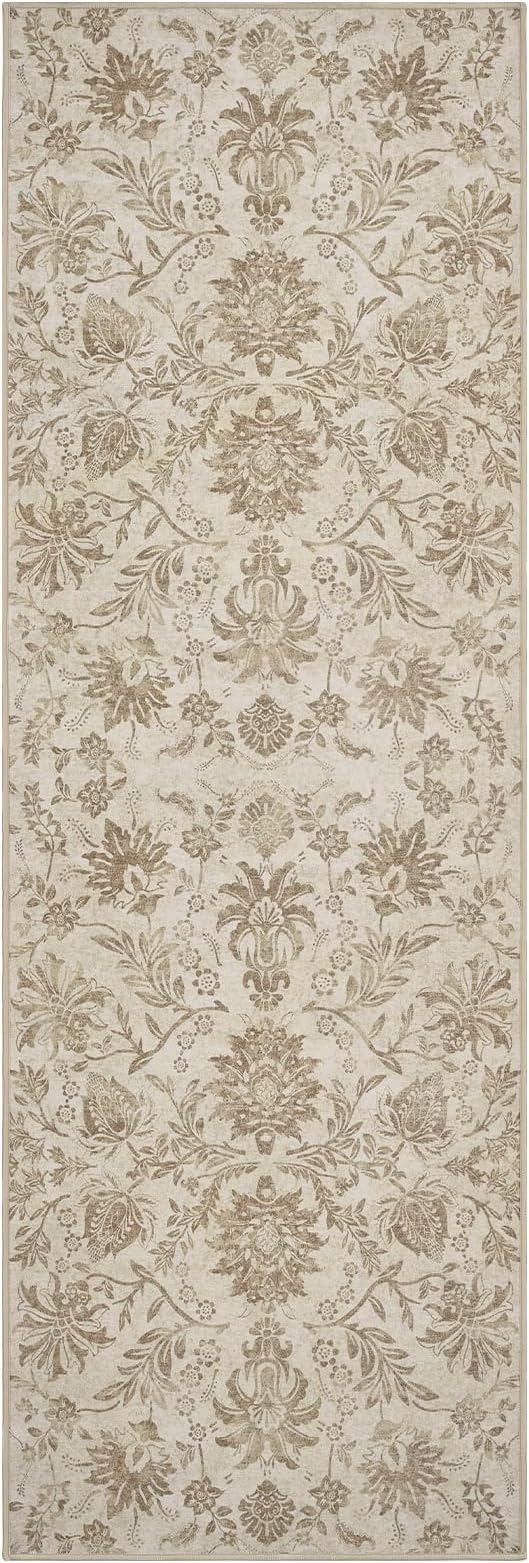 jinchan Torino Runner Rugs 2x6, Vintage-Inspired Floral Neutral Design Machine Washable Non-Slip Ultra-Thin Low-Pile Rubber Backing Runner Rug for Kitchen Hallway Laundry Room Entryway Taupe