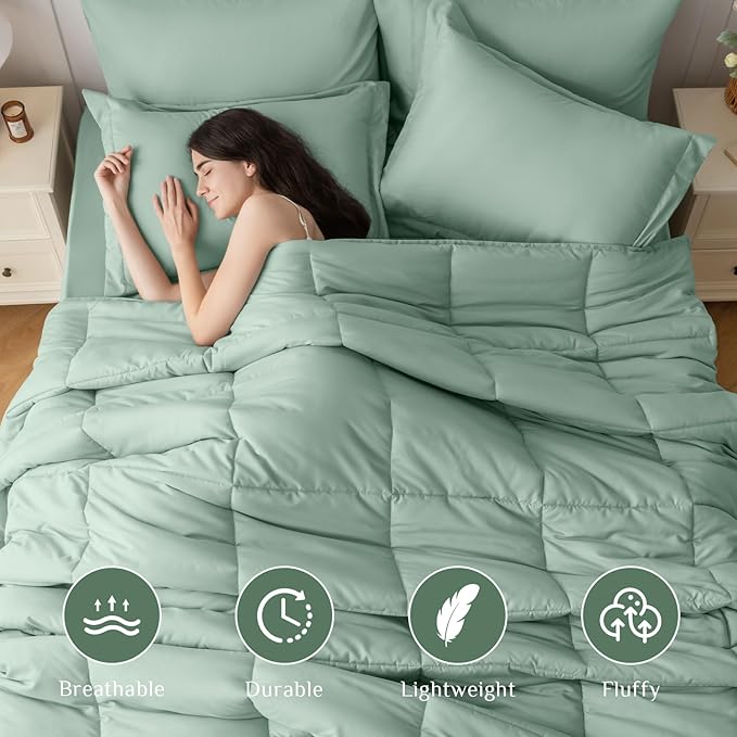 JOLLYVOGUE Full Comforter Set, Ultra-Soft Bed in a Bag Full Size 7 Pieces, Oeko-TEX Certified Bedding Set with Down Alternative Comforter, Sheets, Pillowcases & Shams, Sage Green