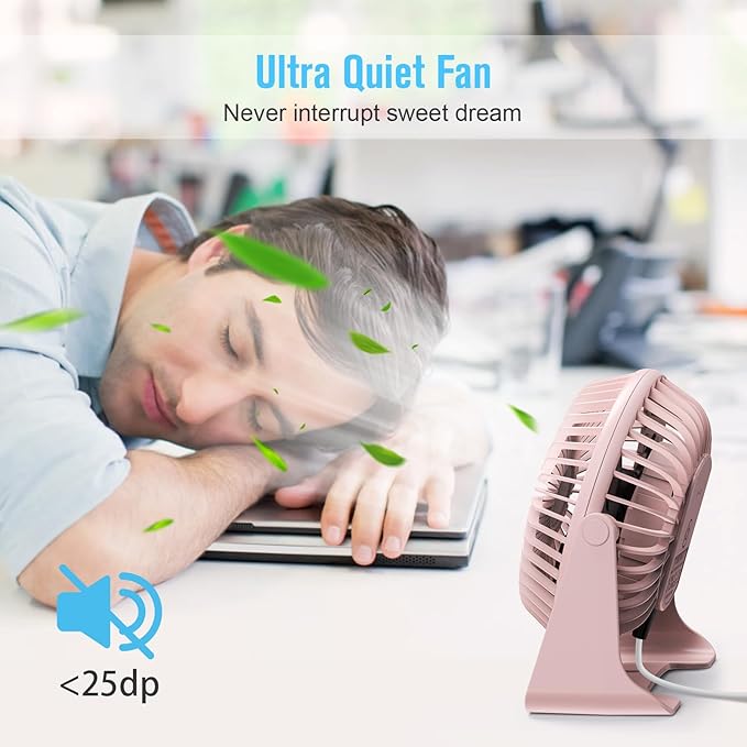 BESKAR USB Small Desk Fan, Portable Fans with 3 Speeds Strong Airflow, Quiet Operation and 360°Rotate, Personal Table Fan for Home,Office, Bedroom - 3.9 ft Cord