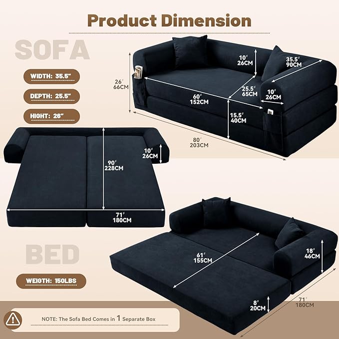 Convertible Futon Sofa Bed,80" Folding Pull Out Couch Bed with Storage,Queen Sleeper Sofa Bed,Compressed Couch in a Box,Corduroy Boneless Couches for Living Room,Deep Blue