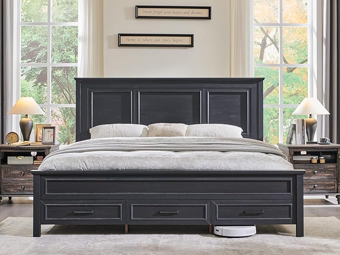 ACCOHOHO Farmhouse King Size Bed Frame with 52" Tall Headboard, Wood Platform Bedframe with Footboard and Storage Drawers, No Squeak, No Box Spring Needed, Black