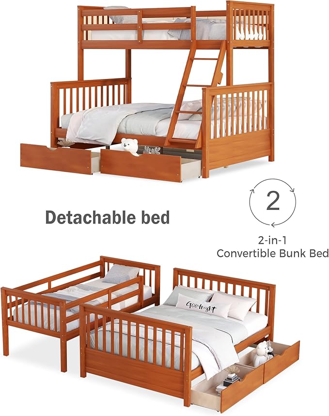 Merax Wood Bunk Bed with Drawers,Convertible Wood Bunk Bed with Ladders and Two Storage Drawers,Solid Wood Detachable Bed Frame with Ladders,Twin Over Full Size,Walnut