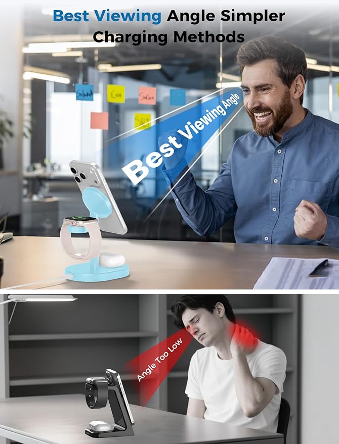 2025 3 in 1 Wireless Charging Station for Apple MagSafe Charger, 15W Fast Magnetic Mag-Safe Charger Stand for iPhone 17 16 15 14 13 12 Apple Watch AirPods Series, Gifts for Men (Ice Blue)
