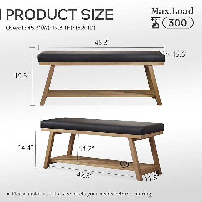 45" Entryway Bench Upholstered Storage Bench for Bedroom Shoe Rack Bench for Living Room, Hallway, Mudroom, Balcony, Sturdy Indoor Bench Seat Holds Up to 300 lbs (PU-Black)