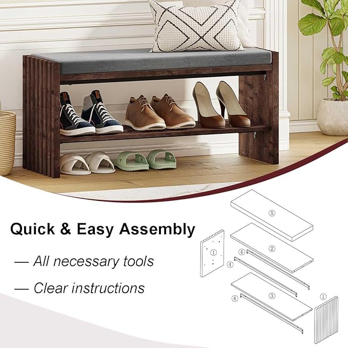 BON AUGURE Shoe Bench with Storage, Entryway Bench with Cushion & 2-Tier Shoe Rack, Modern Ottoman Storage Bench for Mudroom, Hallway, Bedroom (Rustic Oak, 40 Inch Wide)
