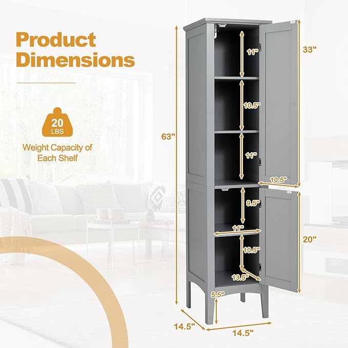 COSTWAY Tall Bathroom Storage Cabinet, 5-Tier Freestanding Linen Tower Cabinet with 2 Doors, Wooden Side Storage Organizer, Narrow Slim Floor Cabinet for Bathroom, Living Room, Kitchen (Grey)