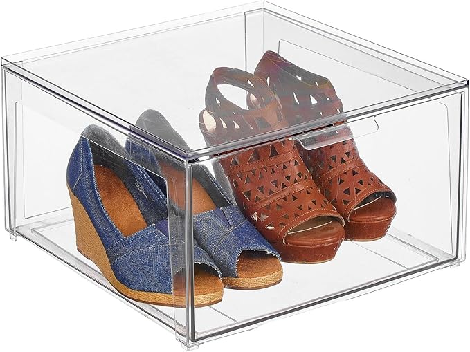 mDesign Plastic Stackable Closet Storage Organizer Bin Containers with Front Pull Drawer for Cabinet, Desk, Shelf, Cupboard, or Dresser Organization - Lumiere Collection - 4 Pack - Clear