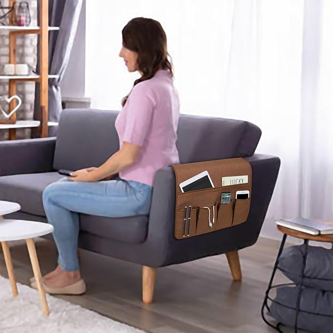 NB Sofa Armrest Organize remote holder bedside caddy organizer with 5 pockets，non-slip couch remote control holder couch armchair caddy accessories (Brown, 35''x18'')