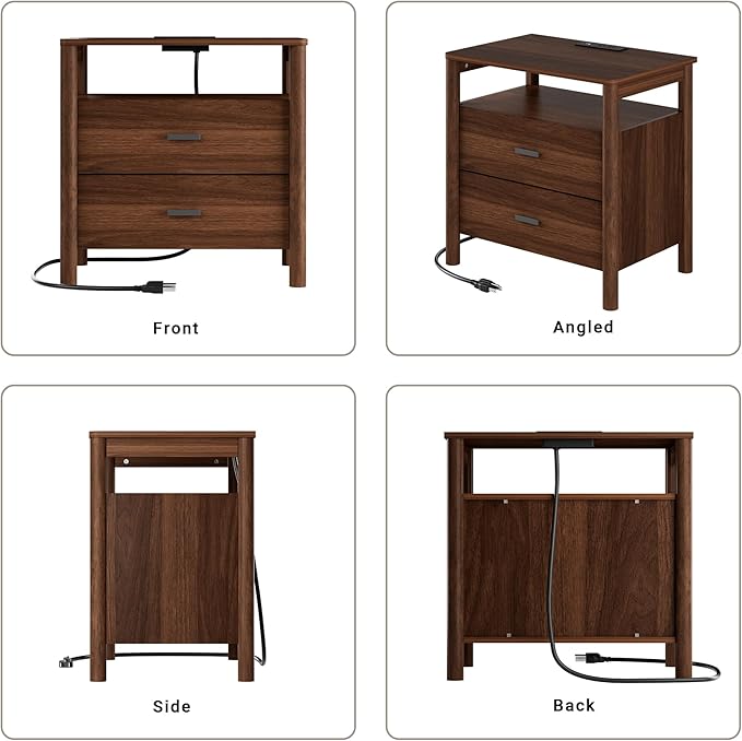 FavourLife Night Stand Set 2, 23" Wide Nightstands Set of 2, Walnut Nightstand with Charging Station, 2 Drawer Wooden End Table with Solid Round Post Legs & Open Shelf,Modern Bedside Table for Bedroom