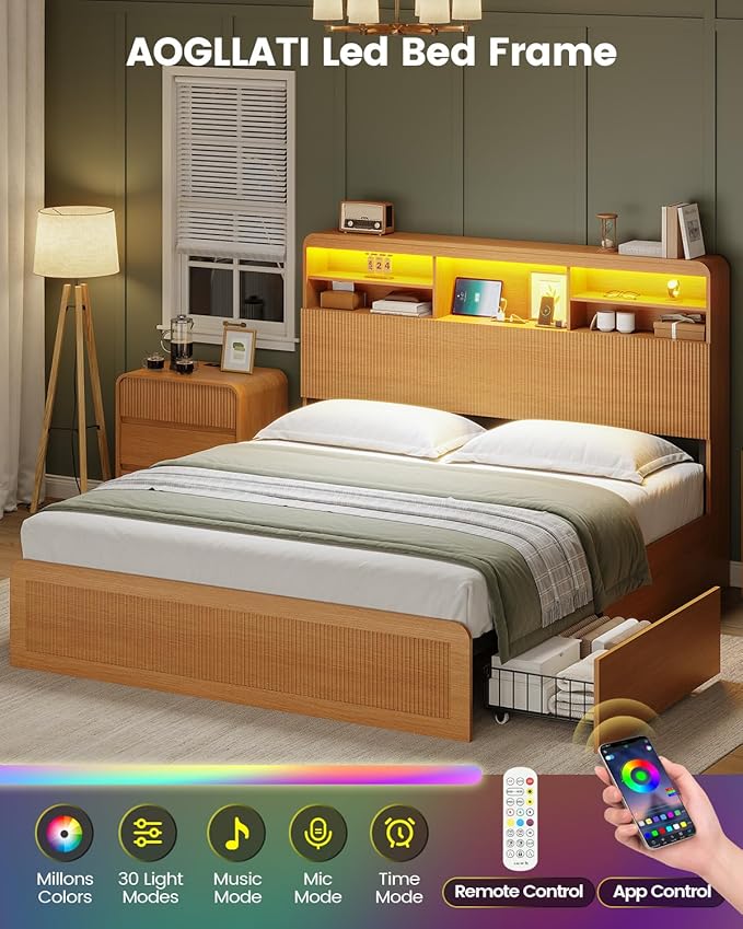 AOGLLATI Full Size Bed Frame with 4 Storage Drawers and Hidden Storage Headboard, Wood Led Fluted Bed Frame Full Size with Charging Station and Curved Profile Design, No Box Spring Needed, Wood