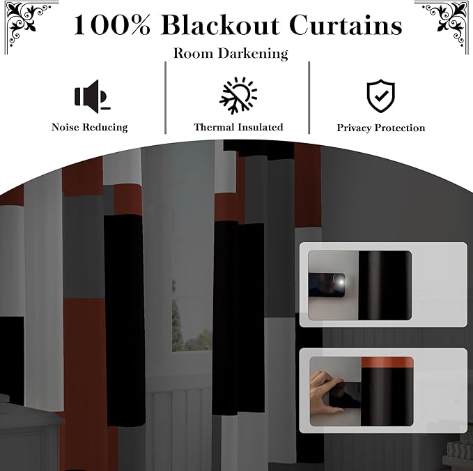 Burnt Orange 100% Blackout Curtains for Bedroom 72 inch Length 2 Panels Set Grey Modern Abstract Geometric Fall Black Out Curtains Insulated Room Darkening Window Drapes for Living Room, 52Wx72L