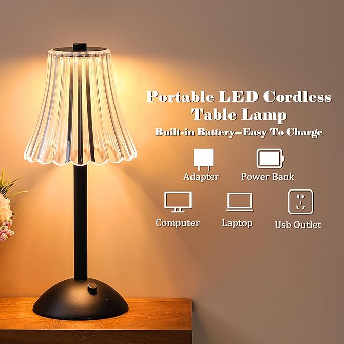 Liliful 2 Pcs Cordless Table Lamp Rechargeable Touch LED Small Gold Portable Battery Operated USB-c Desk Lamp 3 Color Dimmable for Bedroom Living Room Dining (Black,Rose Style)