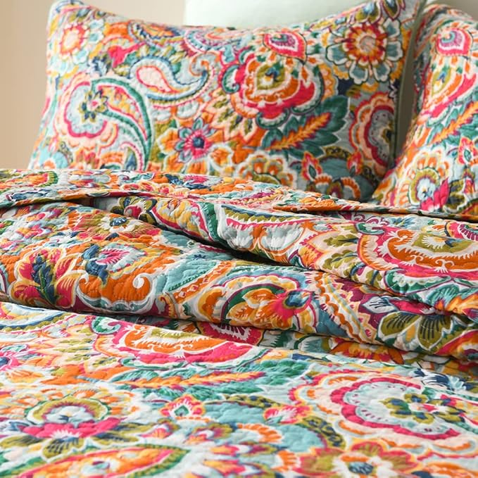 Cotton Bedspread Quilt Sets, Reversible Bedding Coverlet Sets Comforter, Gorgeous Red Floral Paisley Bedspread, King Size