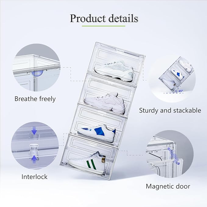 8 Pack XL Shoe Storage Box Organizer,Drop Side Large Shoe Boxes Clear Plastic Stackable Container,Magnetic Sneaker Display Case, Fit up to US 13（13.4”x 10.6”x 8.3”(8 Pack Black)