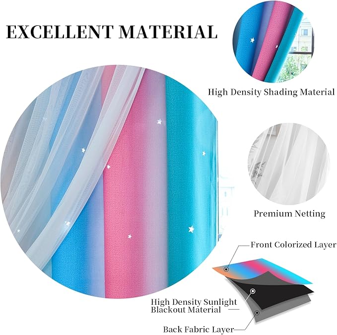 Star Blackout Curtains for Bedroom - Cute Kids Rainbow Curtains, 72 Inch Long 2 Panels, Beige, Blue & Pink