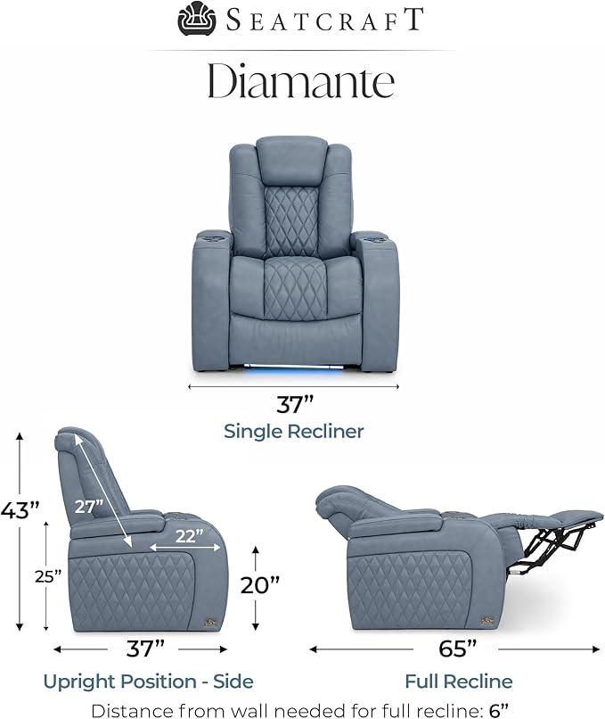 Seatcraft Diamante Zero-Gravity CoolZero Italian Leather Home Theater Seating, Power Headrest, Power Recline, Single Recliner, Smokey Blue