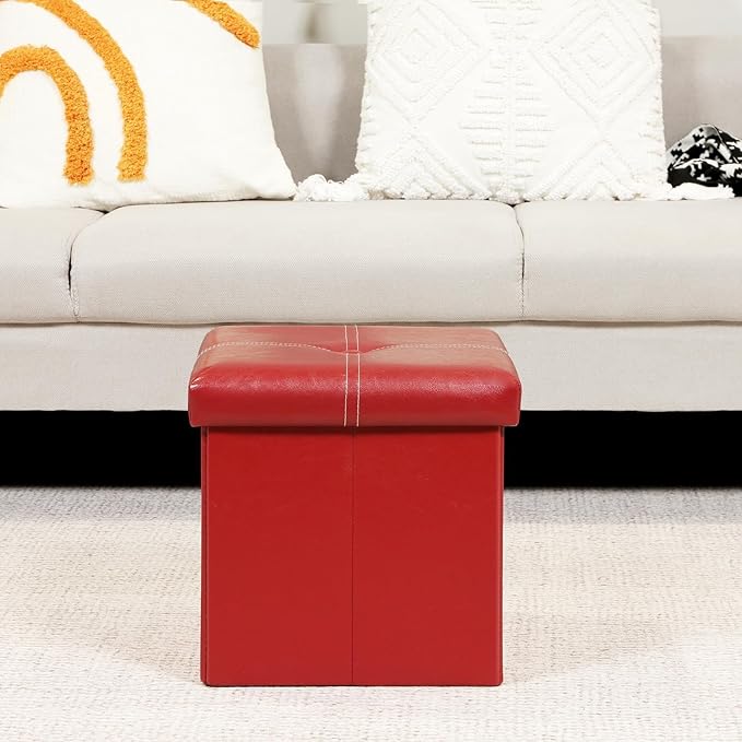 B FSOBEIIALEO Folding Storage Ottoman Cube, Faux Leather Footrest Seat Coffee Table, Red 11.8"x11.8"x11.8"