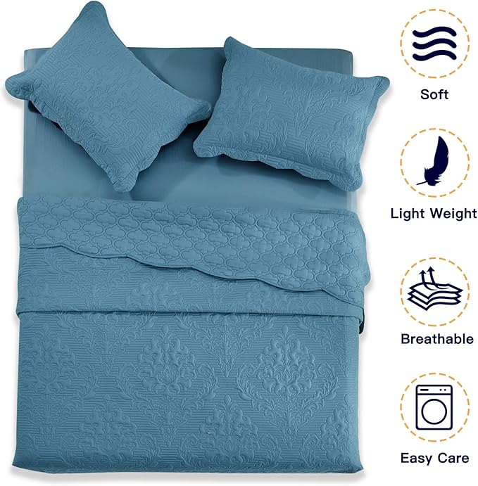 CHIXIN Bedspread Coverlet Quilt Set Full Size - Lightweight Bedding Cover - Ultrasonic Quilting - 5 Piece Reversible Bedspread - Elegant Damask Paisley Pattern (Full, Lagoon)