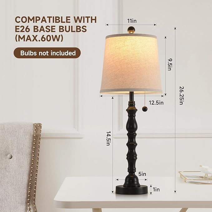 Terpsichore Lamps for Living Room Modern Farmhouse Table Lamp Bedside Reading Lamps Set of 2 Night Stands Bedroom Night Lamp,with Fabric Lamp Shade (Black, High 26.25 Inch)