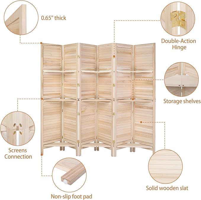 Bonnlo Wood Room Divider Privacy Screen, 5.9 Ft Tall Folding Partition Wall Divider, Indoor Freestanding Hinged Space Separator (Natural, 6 Panel with Shelves)