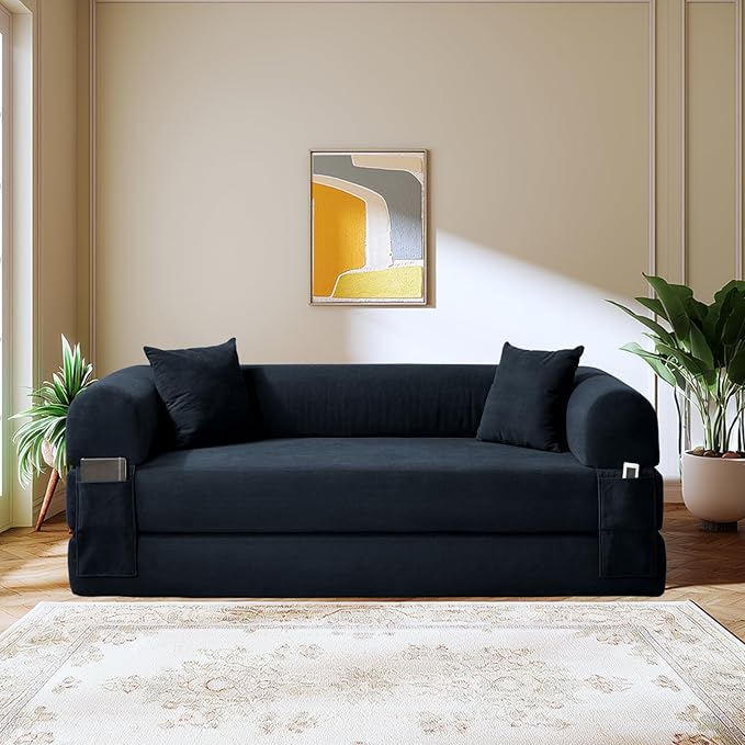 Convertible Sofa Bed,80" Folding Sleeper Sofa Bed Queen with Pillows & Storage,Corduroy Pull Out Couch Boneless Couches for Living Room,Compressed Couch in a Box,Deep Blue
