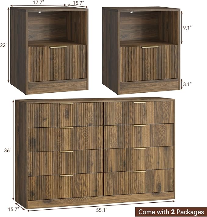 8 Drawer Dresser & Nightstand Set 3-Piece, 55” Wide Bedroom Dresser Set Night Stand Set of 2 with Metal Handle, Fluted Modern Wood Chest of Drawers Storage Dressers Set for Bedroom, Walnut
