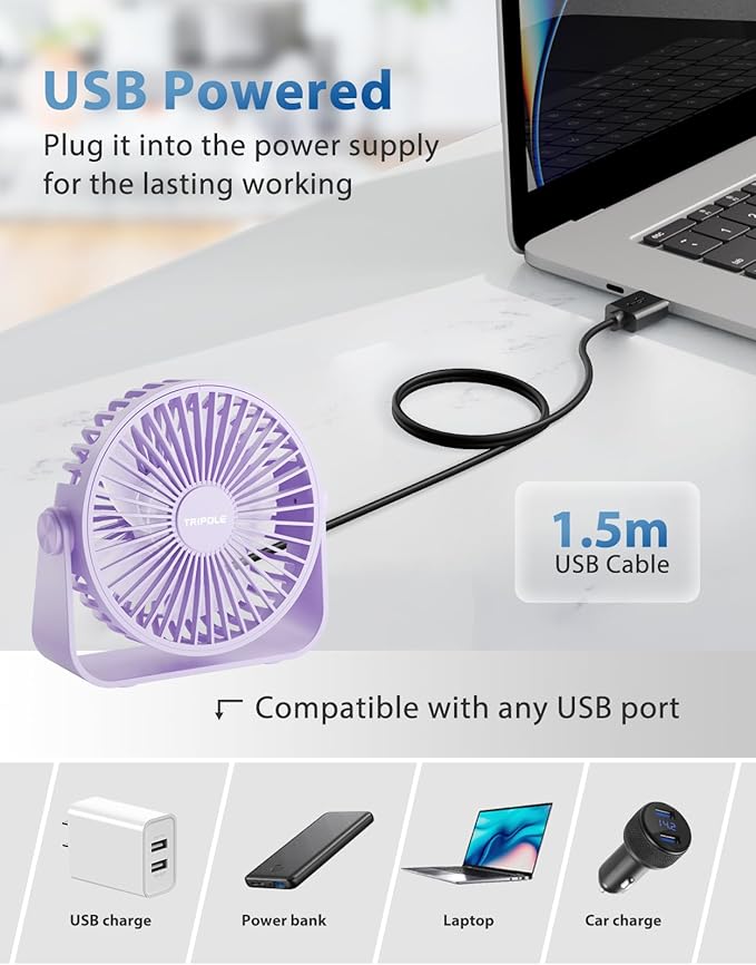 TriPole USB Desk Fan Portable Mini Fan Powerful 3 Speeds Wind Personal Desktop Fan with 360° Head Rotation for Home Office Car Indoor Outdoor Purple, No Battery, 4.5 Inches