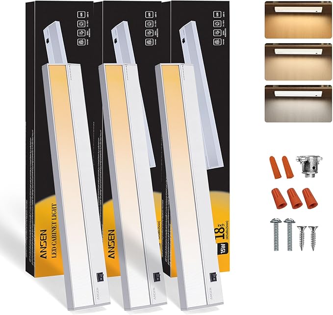 Ansen 3Packs of Under Cabinet Lights for Kitchen, 18in 15W 998LM, Dimmable Hardwire Led Light for Closet, CRI>92, R9>90, 3 Color Temperature, 3000K/4000K/5000K(Warm White, Cool White, Daylight)