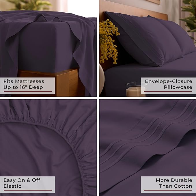 Mellanni Split King Sheet Set - 7-Piece Iconic Collection Bedding, (Including 4 Pillowcases), 16-Inch Deep Pocket, Easy Care, Extra Soft, Cooling Sheets, Brushed Microfiber - Purple