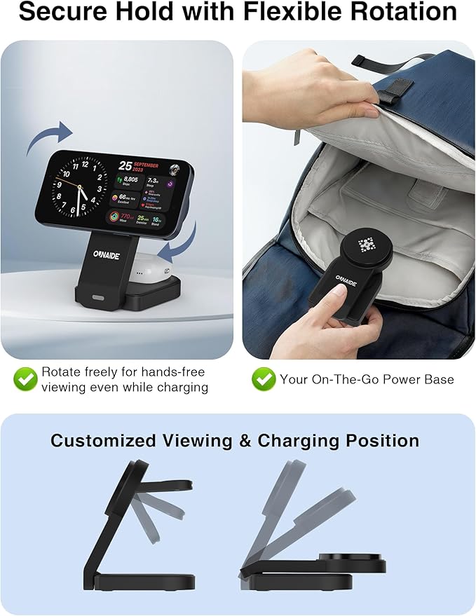 3-in-1 Charging Station for Apple MagSafe Charger, Foldable Wireless Charging Station Magnetic Charger Stand for iPhone 17 Air/16/15/14/13/12 Series/Apple Watch10-2/Airpods (Black)