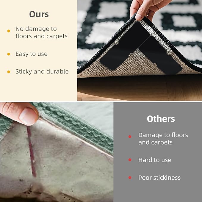 Washable Reusable Non-Slip Rug Pads 16 PCS,Double Sided Anti-Skid Tape,Strong Adhesive Mat Holders,Grippers for Area Carpet,No Damage Removable for Hardwood Floors