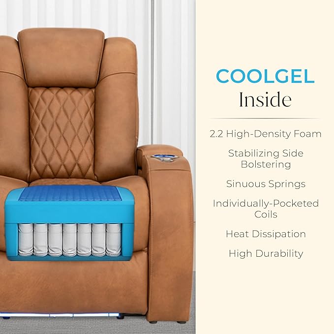 Seatcraft Diamante Zero-Gravity CoolZero Italian Leather Home Theater Seating, Power Headrest, Power Recline, Row of 4 Left Loveseat, Tawny