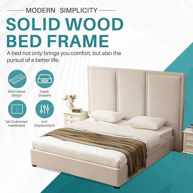 YUHUASHI King Size Bed Frame with 64-inch High Headboard, Simple and Airy Linen Upholstered Platform Bed with Storage Drawers, Wood Slat, No Noise (Beige, King)
