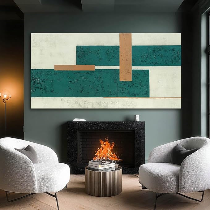 YETHEN WAL Teal Green Abstract Canvas Wall Art Geometric Textured Wall Decor Minimalist Modern Rectangular Art for Living Room Bedroom Office 24x48 Inch