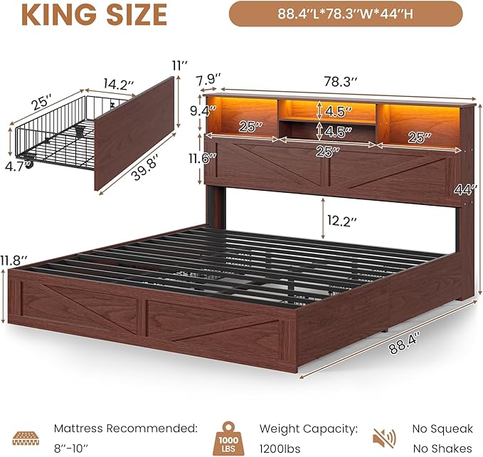 VIAGDO Farmhouse Bed Frame King Size with Bookcase Storage Headboard, Charging Station and LED Lights, Wooden King Bed Frame with 4 Drawers, Barn Door Design, No Box Spring Needed, Reddish Brown