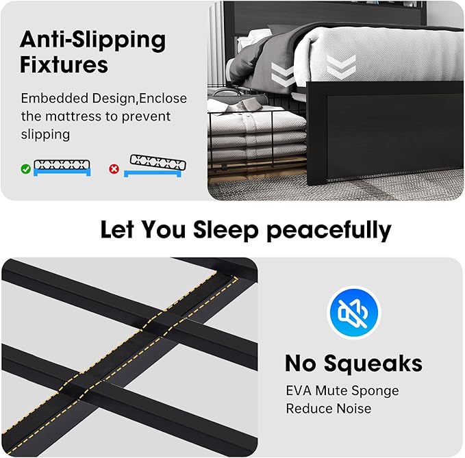 King Bed Frame with Storage Headboard and 4 Drawers, Metal Platform Bed Frame with LED Light, Charging Station, No Box Spring Needed, Noise Free, Easy Assembly,Charcoal Grey